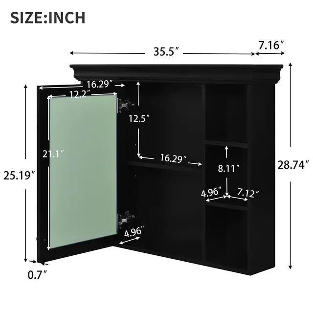Alt view image 3 of 7 - 35'' x 28'' Black Wall Mounted Bathroom Storage Cabinet with Mirror Door, Modern Bathroom Wall Cabinet with Mirror, Medicine Cabinet with 6 Open Shelves