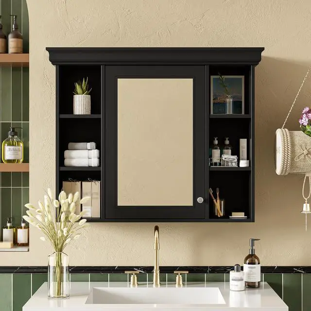 Alt view image 2 of 7 - 35'' x 28'' Black Wall Mounted Bathroom Storage Cabinet with Mirror Door, Modern Bathroom Wall Cabinet with Mirror, Medicine Cabinet with 6 Open Shelves