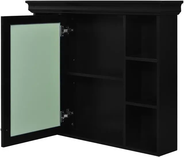 Main image of 35'' x 28'' Black Wall Mounted Bathroom Storage Cabinet with Mirror Door, Modern Bathroom Wall Cabinet with Mirror, Medicine Cabinet with 6 Open Shelves
