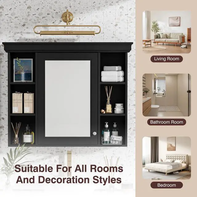 Alt view image 6 of 7 - 35'' x 28'' Black Wall Mounted Bathroom Storage Cabinet with Mirror Door, Modern Bathroom Wall Cabinet with Mirror, Medicine Cabinet with 6 Open Shelves