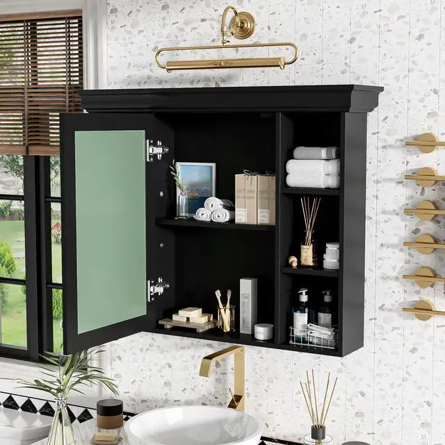 Alt view image 5 of 7 - 35'' x 28'' Black Wall Mounted Bathroom Storage Cabinet with Mirror Door, Modern Bathroom Wall Cabinet with Mirror, Medicine Cabinet with 6 Open Shelves
