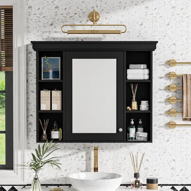 Alt view image 4 of 7 - 35'' x 28'' Black Wall Mounted Bathroom Storage Cabinet with Mirror Door, Modern Bathroom Wall Cabinet with Mirror, Medicine Cabinet with 6 Open Shelves