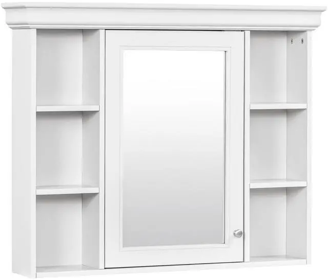Main image of 35'' x 28'' White Wall Mounted Bathroom Storage Cabinet with Mirror Door, Modern Bathroom Wall Cabinet with Mirror, Medicine Cabinet with 6 Open Shelves