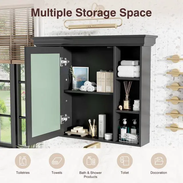 Alt view image 7 of 7 - 35'' x 28'' Black Wall Mounted Bathroom Storage Cabinet with Mirror Door, Modern Bathroom Wall Cabinet with Mirror, Medicine Cabinet with 6 Open Shelves