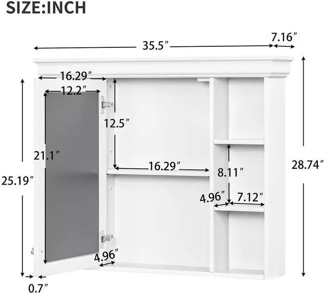 Alt view image 3 of 7 - 35'' x 28'' White Wall Mounted Bathroom Storage Cabinet with Mirror Door, Modern Bathroom Wall Cabinet with Mirror, Medicine Cabinet with 6 Open Shelves
