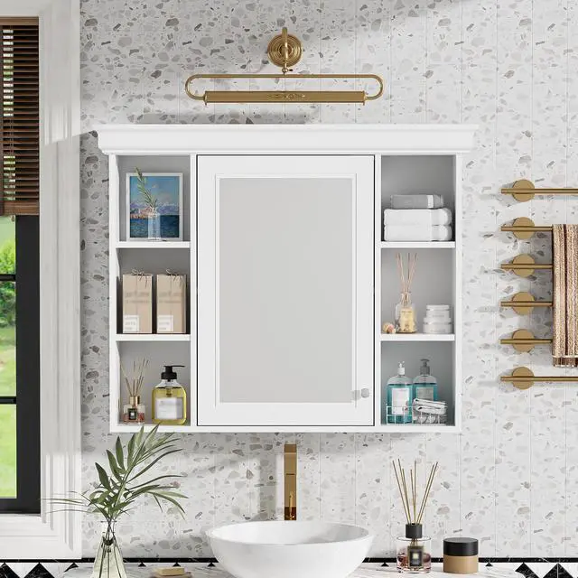 Alt view image 4 of 7 - 35'' x 28'' White Wall Mounted Bathroom Storage Cabinet with Mirror Door, Modern Bathroom Wall Cabinet with Mirror, Medicine Cabinet with 6 Open Shelves