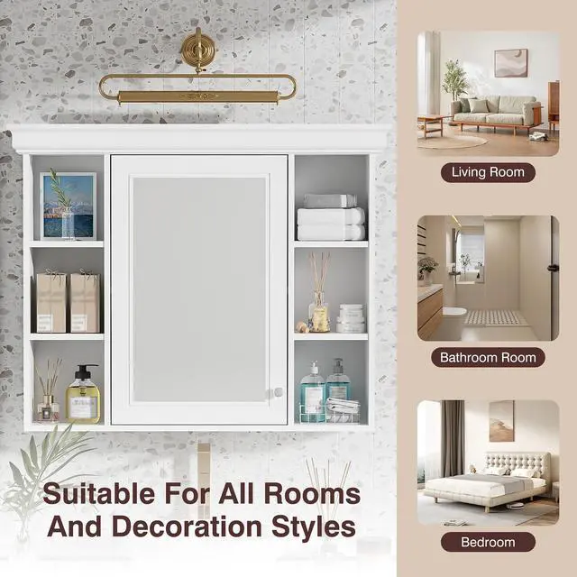 Alt view image 6 of 7 - 35'' x 28'' White Wall Mounted Bathroom Storage Cabinet with Mirror Door, Modern Bathroom Wall Cabinet with Mirror, Medicine Cabinet with 6 Open Shelves