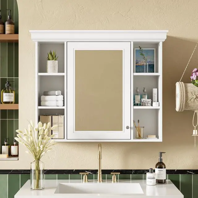Alt view image 2 of 7 - 35'' x 28'' White Wall Mounted Bathroom Storage Cabinet with Mirror Door, Modern Bathroom Wall Cabinet with Mirror, Medicine Cabinet with 6 Open Shelves