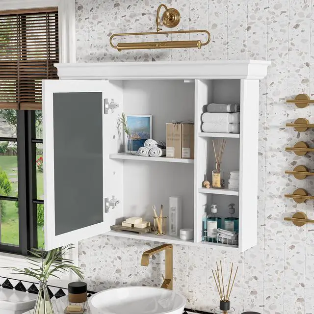 Alt view image 5 of 7 - 35'' x 28'' White Wall Mounted Bathroom Storage Cabinet with Mirror Door, Modern Bathroom Wall Cabinet with Mirror, Medicine Cabinet with 6 Open Shelves