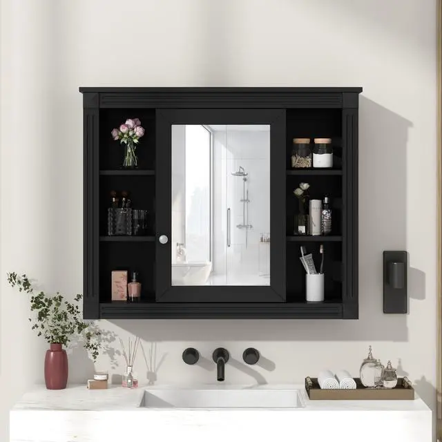 Alt view image 2 of 7 - 35'' x 28'' Wall Mounted Bathroom Storage Cabinet, Medicine Cabinet, Modern Bathroom Wall Cabinet with Mirror, Mirror Cabinet with 6 Open Shelves (Not Include Bathroom Vanity )
