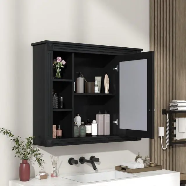 Alt view image 4 of 7 - 35'' x 28'' Wall Mounted Bathroom Storage Cabinet, Medicine Cabinet, Modern Bathroom Wall Cabinet with Mirror, Mirror Cabinet with 6 Open Shelves (Not Include Bathroom Vanity )