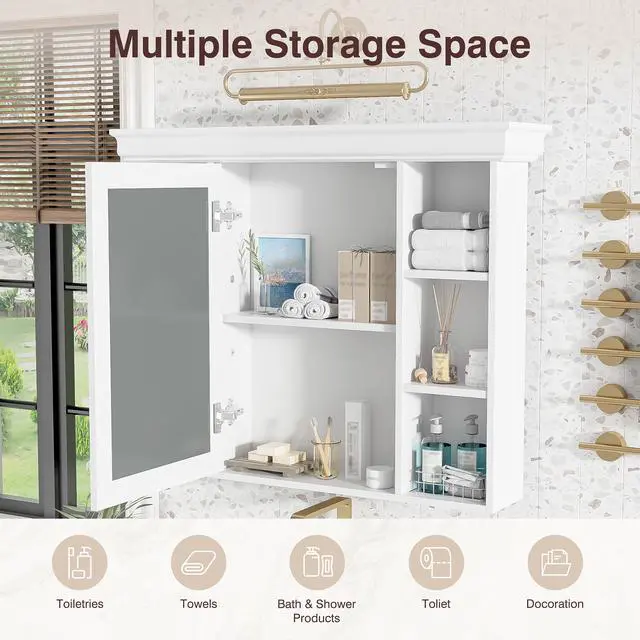 Alt view image 7 of 7 - 35'' x 28'' White Wall Mounted Bathroom Storage Cabinet with Mirror Door, Modern Bathroom Wall Cabinet with Mirror, Medicine Cabinet with 6 Open Shelves