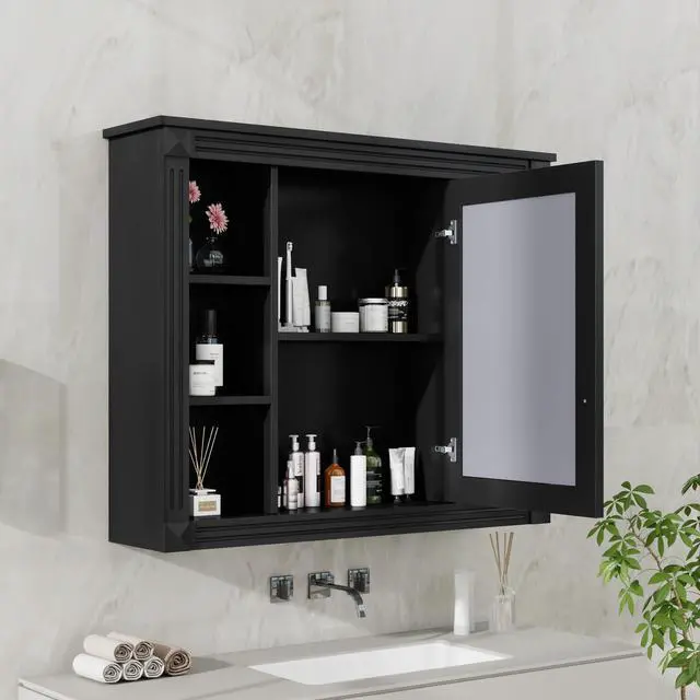 Alt view image 6 of 7 - 35'' x 28'' Wall Mounted Bathroom Storage Cabinet, Medicine Cabinet, Modern Bathroom Wall Cabinet with Mirror, Mirror Cabinet with 6 Open Shelves (Not Include Bathroom Vanity )