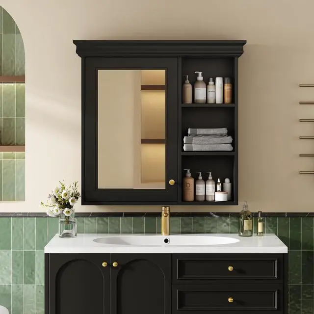 Alt view image 2 of 7 - 30'' x 28'' Bathroom Medicine Cabinet with Mirror, Wall Mounted Mirror Cabinet with Storage Organizer, Over the Toilet Storage Black Storage Cabinet for Bathroom