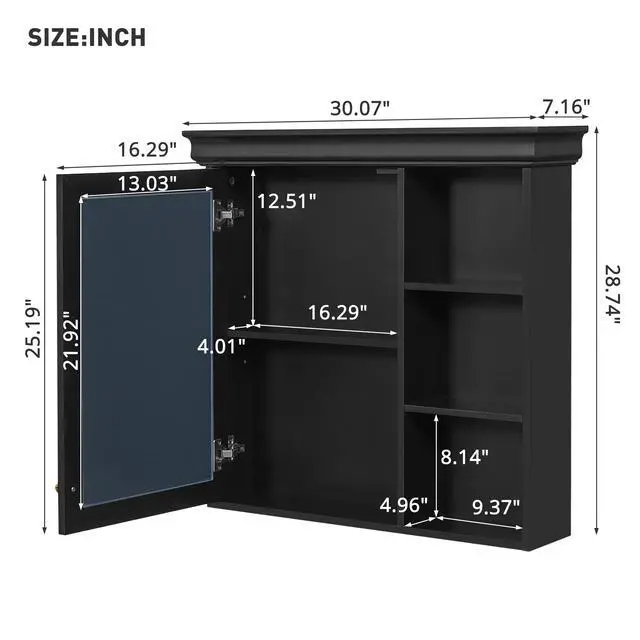 Alt view image 3 of 7 - 30'' x 28'' Bathroom Medicine Cabinet with Mirror, Wall Mounted Mirror Cabinet with Storage Organizer, Over the Toilet Storage Black Storage Cabinet for Bathroom