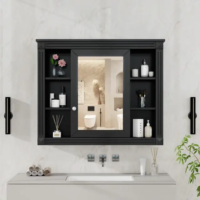 Alt view image 5 of 7 - 35'' x 28'' Wall Mounted Bathroom Storage Cabinet, Medicine Cabinet, Modern Bathroom Wall Cabinet with Mirror, Mirror Cabinet with 6 Open Shelves (Not Include Bathroom Vanity )
