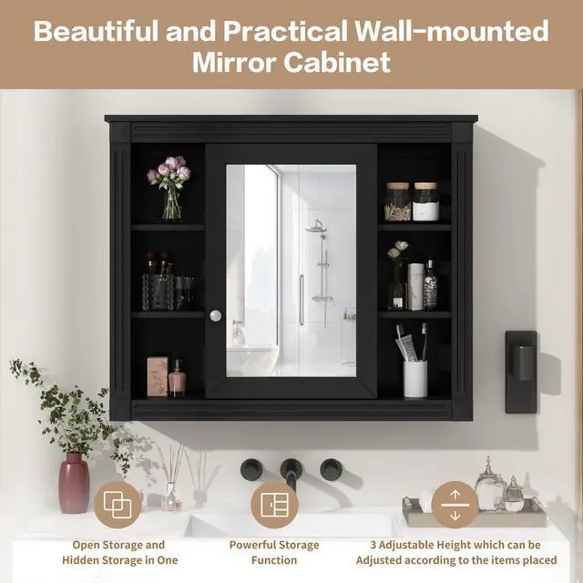 Alt view image 7 of 7 - 35'' x 28'' Wall Mounted Bathroom Storage Cabinet, Medicine Cabinet, Modern Bathroom Wall Cabinet with Mirror, Mirror Cabinet with 6 Open Shelves (Not Include Bathroom Vanity )