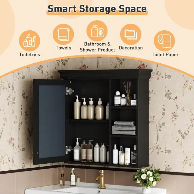 Alt view image 7 of 7 - 30'' x 28'' Bathroom Medicine Cabinet with Mirror, Wall Mounted Mirror Cabinet with Storage Organizer, Over the Toilet Storage Black Storage Cabinet for Bathroom