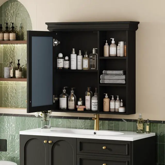 Alt view image 4 of 7 - 30'' x 28'' Bathroom Medicine Cabinet with Mirror, Wall Mounted Mirror Cabinet with Storage Organizer, Over the Toilet Storage Black Storage Cabinet for Bathroom