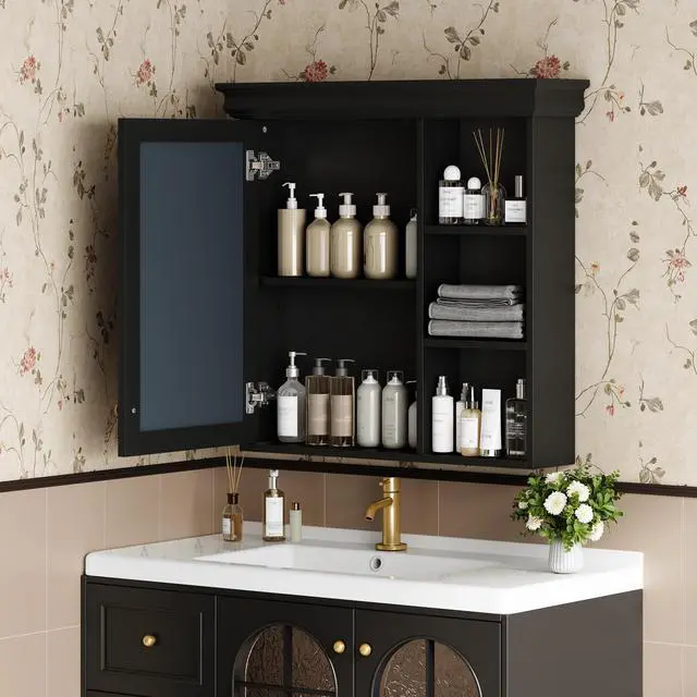 Alt view image 5 of 7 - 30'' x 28'' Bathroom Medicine Cabinet with Mirror, Wall Mounted Mirror Cabinet with Storage Organizer, Over the Toilet Storage Black Storage Cabinet for Bathroom
