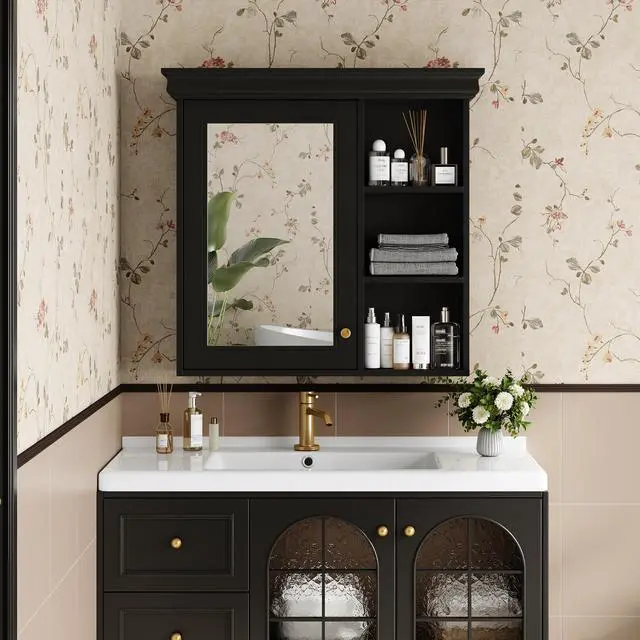 Alt view image 6 of 7 - 30'' x 28'' Bathroom Medicine Cabinet with Mirror, Wall Mounted Mirror Cabinet with Storage Organizer, Over the Toilet Storage Black Storage Cabinet for Bathroom