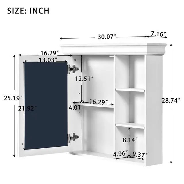 Alt view image 3 of 7 - 30'' x 28'' Bathroom Medicine Cabinet with Mirror, Wall Mounted Mirror Cabinet with Storage Organizer, Over the Toilet Storage White Storage Cabinet for Bathroom