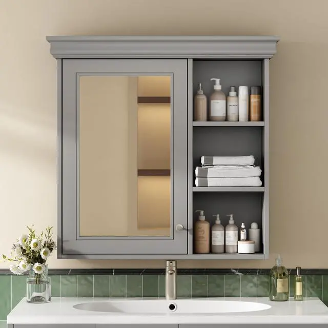 Alt view image 5 of 7 - 30'' x 28'' Bathroom Medicine Cabinet with Mirror, Wall Mounted Mirror Cabinet with Storage Organizer, Over the Toilet Storage Storage Cabinet for Bathroom