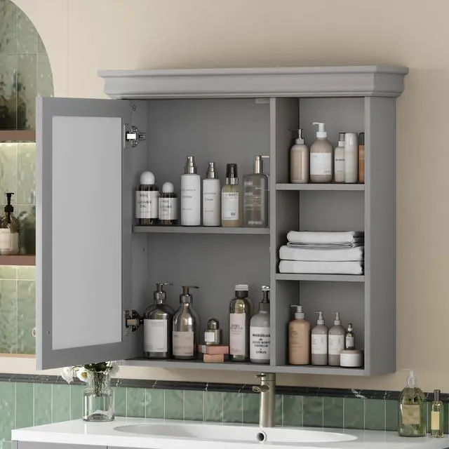 Alt view image 6 of 7 - 30'' x 28'' Bathroom Medicine Cabinet with Mirror, Wall Mounted Mirror Cabinet with Storage Organizer, Over the Toilet Storage Storage Cabinet for Bathroom