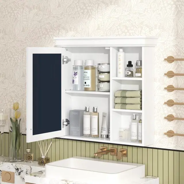 Alt view image 4 of 7 - 30'' x 28'' Bathroom Medicine Cabinet with Mirror, Wall Mounted Mirror Cabinet with Storage Organizer, Over the Toilet Storage White Storage Cabinet for Bathroom