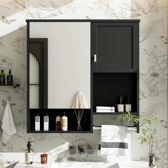 Alt view image 2 of 7 - 29'' x 28'' Modern Wall Mounted Bathroom Medicine Cabinet, Bathroom Wall Storage Cabinet with Mirror, Over the Toilet Space Saver Cabinet with Towels Bar