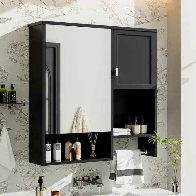 Alt view image 4 of 7 - 29'' x 28'' Modern Wall Mounted Bathroom Medicine Cabinet, Bathroom Wall Storage Cabinet with Mirror, Over the Toilet Space Saver Cabinet with Towels Bar