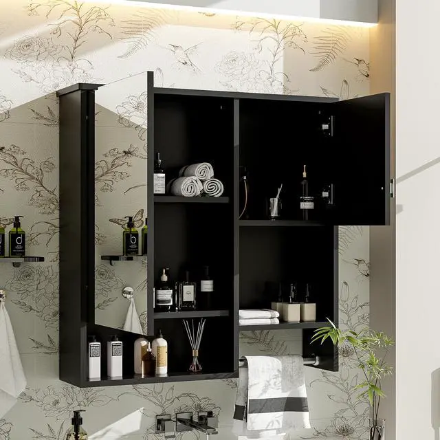 Alt view image 5 of 7 - 29'' x 28'' Modern Wall Mounted Bathroom Medicine Cabinet, Bathroom Wall Storage Cabinet with Mirror, Over the Toilet Space Saver Cabinet with Towels Bar