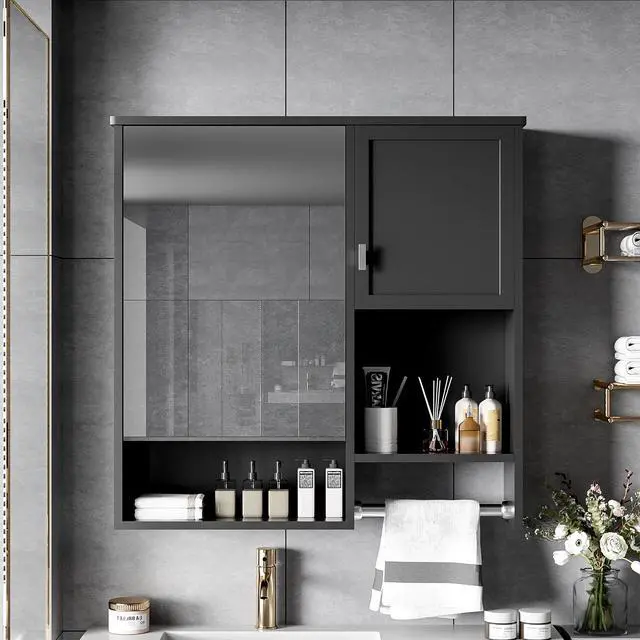 Alt view image 6 of 7 - 29'' x 28'' Modern Wall Mounted Bathroom Medicine Cabinet, Bathroom Wall Storage Cabinet with Mirror, Over the Toilet Space Saver Cabinet with Towels Bar