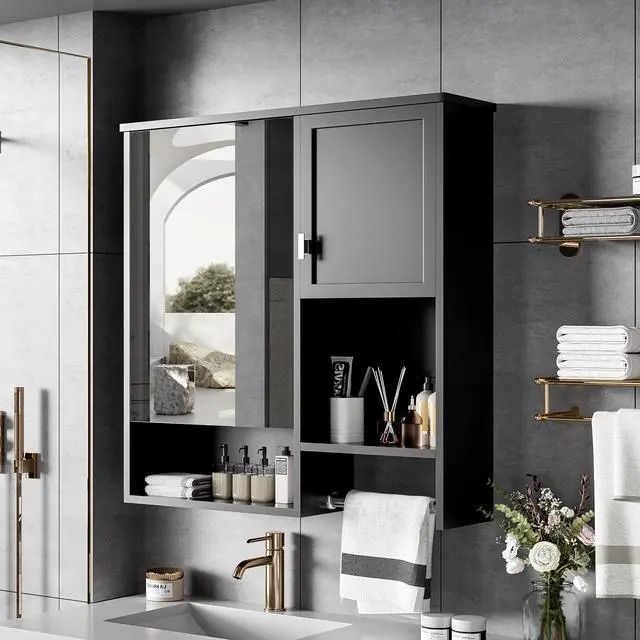 Alt view image 7 of 7 - 29'' x 28'' Modern Wall Mounted Bathroom Medicine Cabinet, Bathroom Wall Storage Cabinet with Mirror, Over the Toilet Space Saver Cabinet with Towels Bar