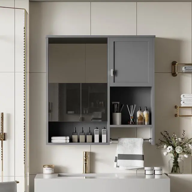 Alt view image 5 of 7 - 29'' x 28'' Modern Wall Mounted Bathroom Medicine Cabinet, Bathroom Wall Storage Cabinet with Mirror, Over the Toilet Space Saver Cabinet with Towels Bar