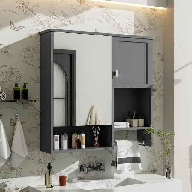Alt view image 7 of 7 - 29'' x 28'' Modern Wall Mounted Bathroom Medicine Cabinet, Bathroom Wall Storage Cabinet with Mirror, Over the Toilet Space Saver Cabinet with Towels Bar
