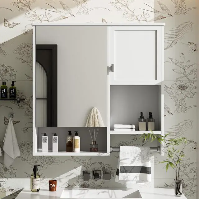 Alt view image 2 of 7 - 29'' x 28'' Modern Wall Mounted Bathroom Medicine Cabinet, Bathroom Wall Storage Cabinet with Mirror, Over the Toilet Space Saver Cabinet with Towels Bar