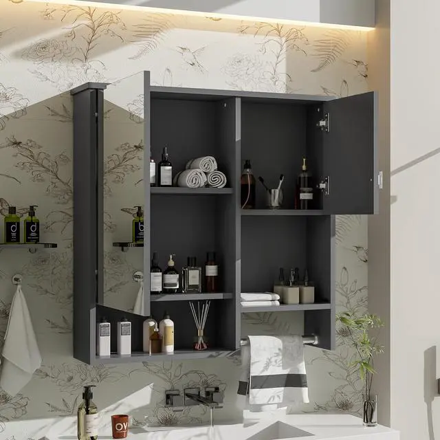 Alt view image 4 of 7 - 29'' x 28'' Modern Wall Mounted Bathroom Medicine Cabinet, Bathroom Wall Storage Cabinet with Mirror, Over the Toilet Space Saver Cabinet with Towels Bar