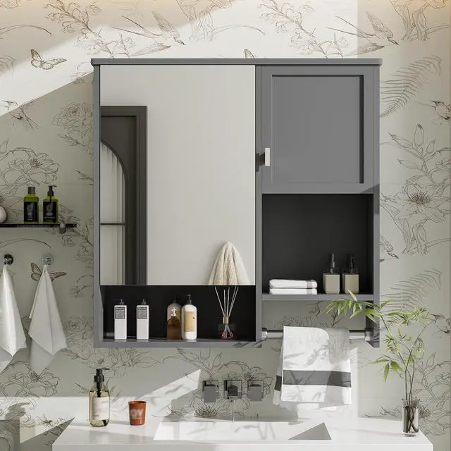 Alt view image 2 of 7 - 29'' x 28'' Modern Wall Mounted Bathroom Medicine Cabinet, Bathroom Wall Storage Cabinet with Mirror, Over the Toilet Space Saver Cabinet with Towels Bar
