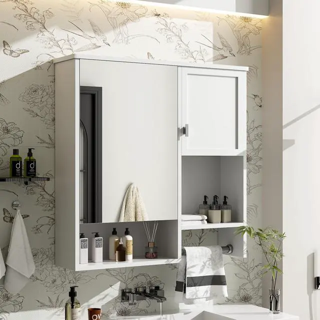 Alt view image 4 of 7 - 29'' x 28'' Modern Wall Mounted Bathroom Medicine Cabinet, Bathroom Wall Storage Cabinet with Mirror, Over the Toilet Space Saver Cabinet with Towels Bar
