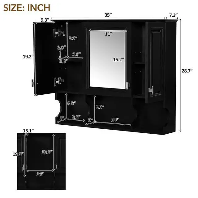 Alt view image 3 of 7 - 35'' x 28'' Wall Mounted Bathroom Medicine Cabinet, Modern Bathroom Wall Cabinet with Mirror, Mirror Cabinet with Open Shelves