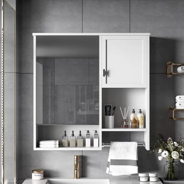 Alt view image 6 of 7 - 29'' x 28'' Modern Wall Mounted Bathroom Medicine Cabinet, Bathroom Wall Storage Cabinet with Mirror, Over the Toilet Space Saver Cabinet with Towels Bar