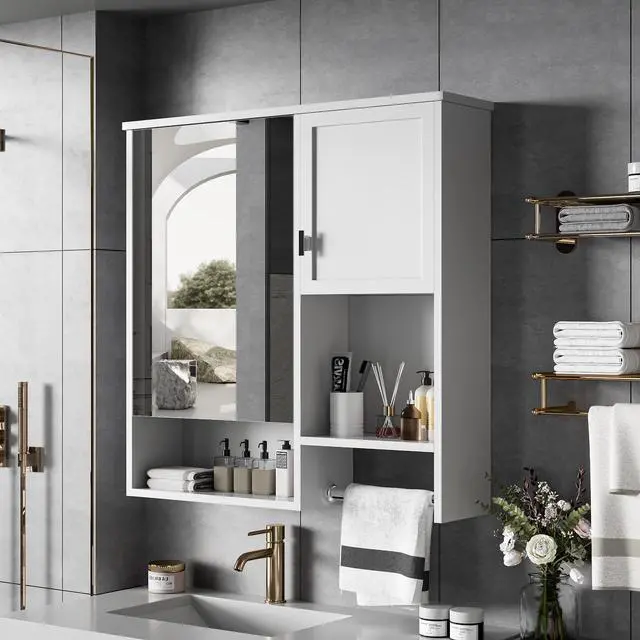 Alt view image 7 of 7 - 29'' x 28'' Modern Wall Mounted Bathroom Medicine Cabinet, Bathroom Wall Storage Cabinet with Mirror, Over the Toilet Space Saver Cabinet with Towels Bar