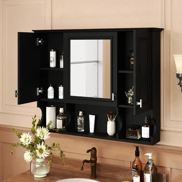 Alt view image 4 of 7 - 35'' x 28'' Wall Mounted Bathroom Medicine Cabinet, Modern Bathroom Wall Cabinet with Mirror, Mirror Cabinet with Open Shelves