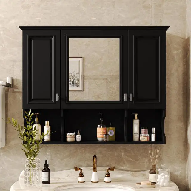 Alt view image 5 of 7 - 35'' x 28'' Wall Mounted Bathroom Medicine Cabinet, Modern Bathroom Wall Cabinet with Mirror, Mirror Cabinet with Open Shelves
