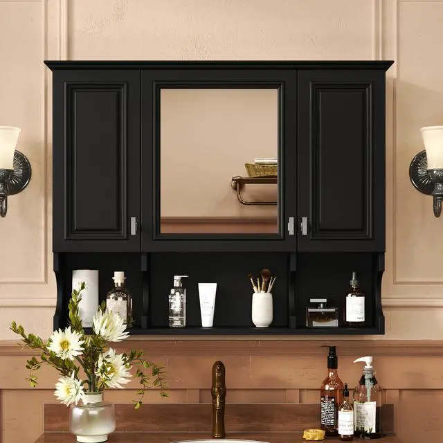 Alt view image 2 of 7 - 35'' x 28'' Wall Mounted Bathroom Medicine Cabinet, Modern Bathroom Wall Cabinet with Mirror, Mirror Cabinet with Open Shelves
