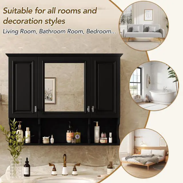 Alt view image 7 of 7 - 35'' x 28'' Wall Mounted Bathroom Medicine Cabinet, Modern Bathroom Wall Cabinet with Mirror, Mirror Cabinet with Open Shelves