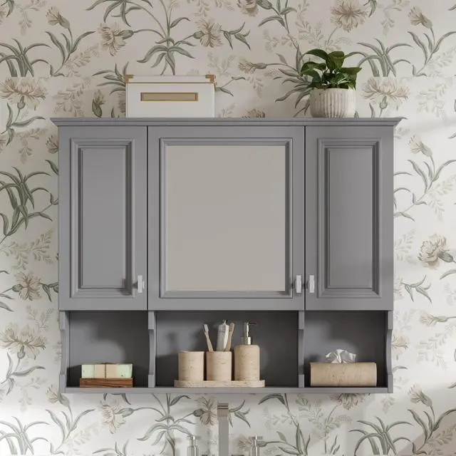 Alt view image 2 of 7 - 35'' x 28'' Wall Mounted Bathroom Medicine Cabinet, Modern Bathroom Wall Cabinet with Mirror, Mirror Cabinet with Open Shelves