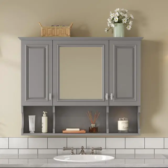 Alt view image 5 of 7 - 35'' x 28'' Wall Mounted Bathroom Medicine Cabinet, Modern Bathroom Wall Cabinet with Mirror, Mirror Cabinet with Open Shelves