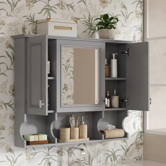 Alt view image 4 of 7 - 35'' x 28'' Wall Mounted Bathroom Medicine Cabinet, Modern Bathroom Wall Cabinet with Mirror, Mirror Cabinet with Open Shelves